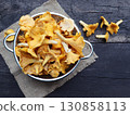 Forest mushrooms chanterelle in a steel colander on wooden background, top view 130858113
