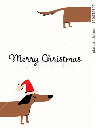 A fun Merry Christmas card with a dog wearing Santa's hat. Cute winter character and text. 130858125