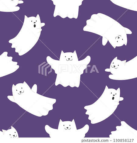 A cute seamless pattern with flying ghost cats. Fun Halloween background. 130858127
