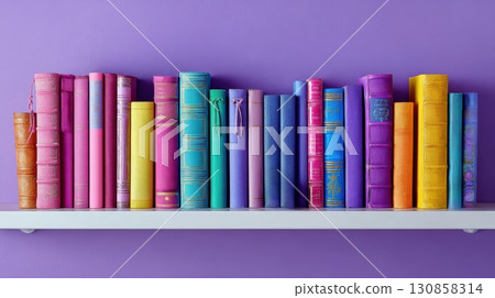 Minimalist bookshelf with vibrant, multicolored books 130858314