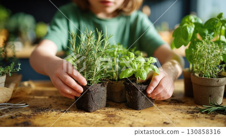 Child planting fresh herbs, rosemary and basil 130858316