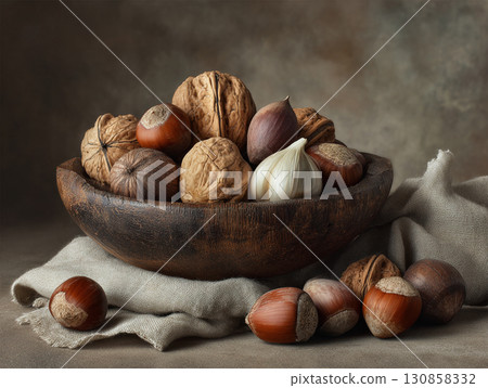 rustic wooden bowl filled with assorted whole nuts 130858332