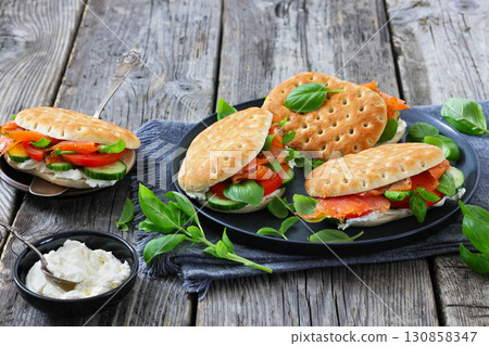 smoked deli salmon sandwiches with cream cheese 130858347