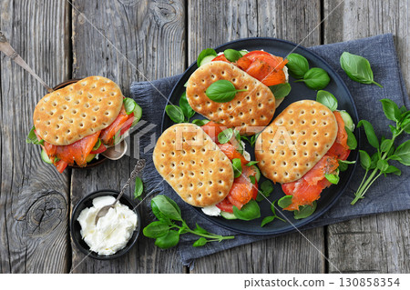 smoked deli salmon sandwiches with cream cheese 130858354
