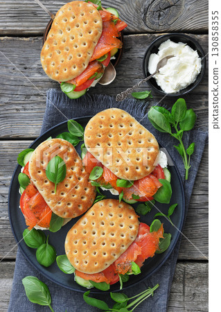 smoked deli salmon sandwiches with cream cheese 130858355