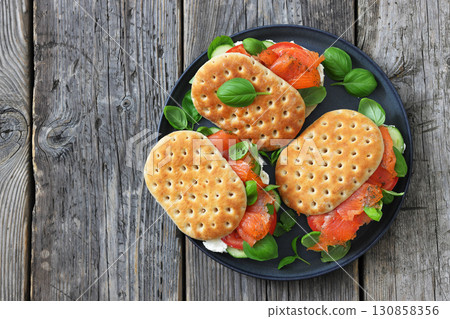 smoked deli salmon sandwiches with cream cheese 130858356