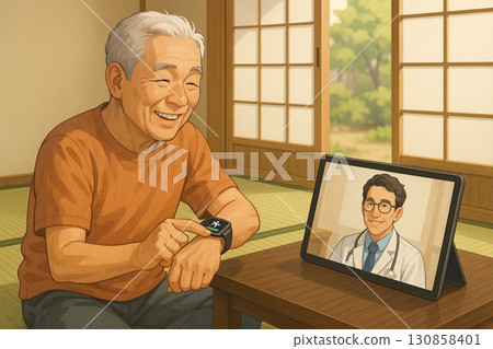 老年人在榻榻米上查看運動紀錄 130858401