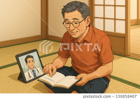 在榻榻米上查看醫療預約 130858407