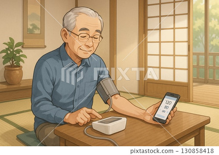 Elderly people measuring their blood pressure in a tatami room 130858418