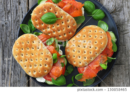 smoked deli salmon sandwiches with cream cheese 130858465