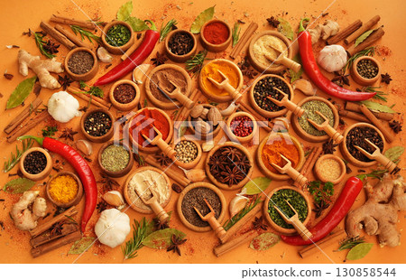 Colorful mix of herb and spice varieties: curry and coriander, turmeric and clove, paprika and pepper, cinnamon and garlic, cardamon and oregano Colorful mix of herb and spice varieties: curry and coriander, turmeric and clove, paprika and pepper, cinnamon and garlic, cardamon and oregano 130858544