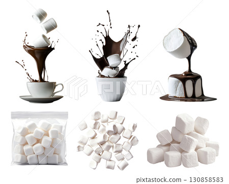 White fluffy marshmallow with melted splashing dripping chocolate cocoa, drink cup, sealed foil pack, pile stack group, sweet dessert on transparent cutout PNG. Many different style. Mockup White fluffy marshmallow with melted splashing dripping chocolate cocoa, drink cup, sealed foil pack, pile stack group, sweet dessert on transparent cutout PNG. Many different style. Mockup 130858583