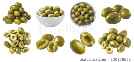 Green olive olives fruit vegetable, many angles and view side top front bowl pile slice isolated on transparent background cutout, PNG file. Mockup 130858631