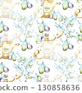 Seamless pattern of olives and olive oil in watercolor technique for background and wallpaper that celebrates Italian cuisine and natures beauty 130858636