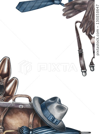 Postcard for a man. Frame with a vintage men's bag, hat, umbrella, boots, and other accessories. Hand-drawn watercolor illustration. Perfect for celebrating Men's Day, Father's Day, or Husband's Day. 130858647