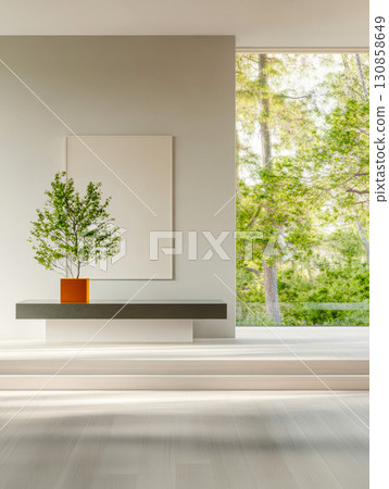 Modern interior design featuring a minimalist display with a potted plant and natural light in a serene setting 130858649