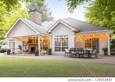 Cozy outdoor patio with string lights at a modern home in a lush garden setting during the afternoon 130858697