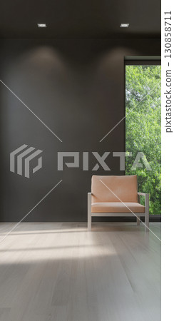 Modern interior design featuring a minimalist chair and large window with greenery during daytime Modern interior design featuring a minimalist chair and large window with greenery during daytime 130858711