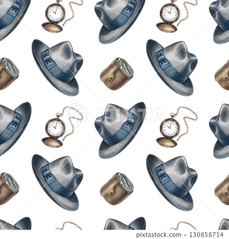Seamless pattern featuring men's hats, wallets, and antique pocket watches. Hand-drawn watercolor illustration. For textiles, packaging and labels, wallpapers, wrapping paper, decor, and murals. 130858714