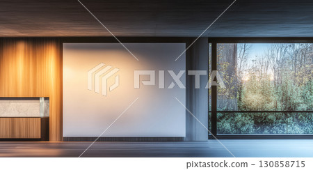 Modern interior design showcases minimalist aesthetics and large window with forest view 130858715