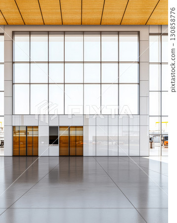 Large modern structure with glass walls and polished concrete floor in a spacious environment 130858776