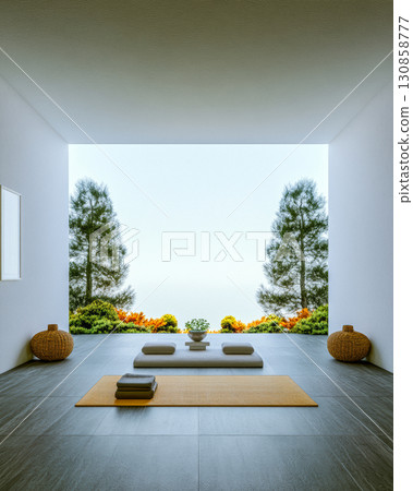 Modern minimalist indoor space with serene garden view at dawn 130858777