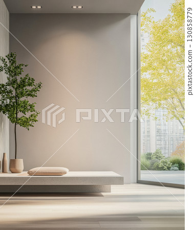 Contemporary indoor space featuring minimalist design with natural light and greenery in a peaceful setting 130858779