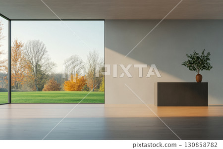 Modern interior design with large windows showcasing autumn trees in a peaceful outdoor landscape 130858782