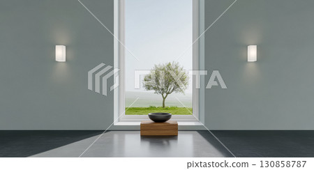 Minimalist interior design featuring serene landscape and natural elements at a tranquil space 130858787