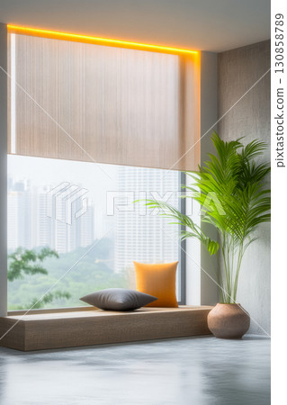 Modern interior with large window, plant, and cozy seating in an urban setting during daytime 130858789