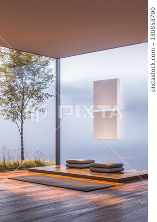 Serene meditation space with natural light and calming decor in a tranquil setting 130858790