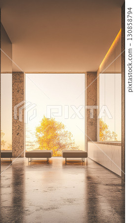 Relaxing interior space with natural light and stunning view during sunset 130858794