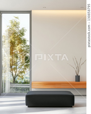 Elegant interior design featuring a black sofa and modern decor with nature view in daylight 130858795