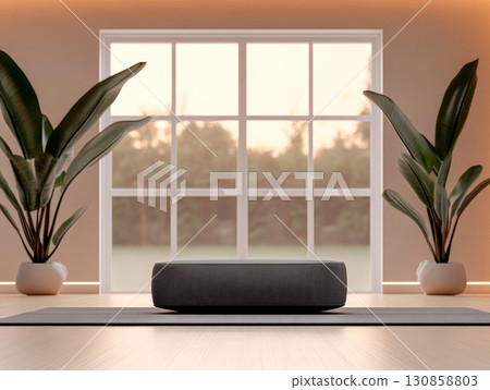 Cozy meditation space with a cushion and plants, bathed in warm evening light from large windows 130858803