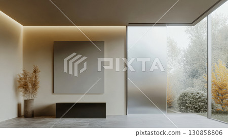 Modern interior space with minimalist design and large windows in autumn Modern interior space with minimalist design and large windows in autumn 130858806