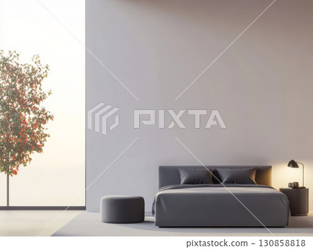 Modern bedroom interior with minimalistic design, large window, and serene view of nature at sunrise 130858818