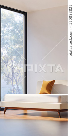 Bright and modern living room with minimalist decor and natural light during the daytime 130858823