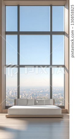 Modern bedroom with large window showcasing a city skyline during daylight Modern bedroom with large window showcasing a city skyline during daylight 130858825