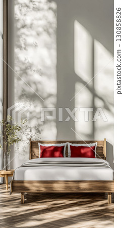 Elegant bedroom with natural light and simple decor enhances tranquility and comfort in an inviting home space 130858826