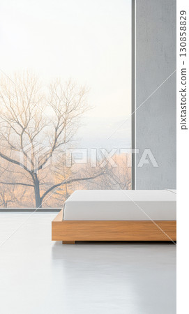 Minimalist bedroom design with large window showcasing a serene winter landscape Minimalist bedroom design with large window showcasing a serene winter landscape 130858829