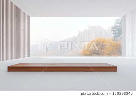 Minimalist interior design features a wooden platform and mountain view in a serene, modern space 130858843