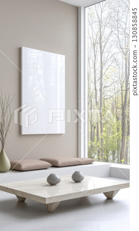 Minimalist living room with a view of greenery and natural light during daytime Minimalist living room with a view of greenery and natural light during daytime 130858845