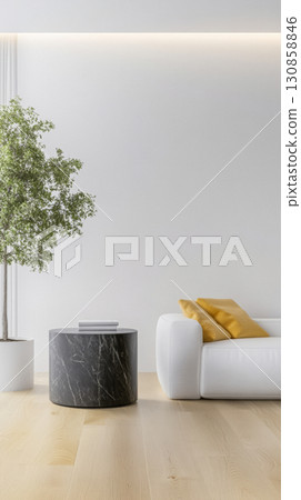 Modern living room design showcasing minimalism and natural elements with a cozy sofa and potted plant situated in a bright space Modern living room design showcasing minimalism and natural elements with a cozy sofa and potted plant situated in a bright space 130858846