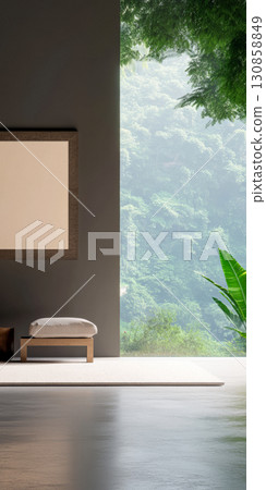 Relaxing interior space with large windows showcasing a lush forest view in the early morning light 130858849