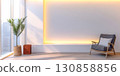 Modern interior design featuring a cozy chair and decorative plants in a bright, minimalistic room with ambient lighting 130858856
