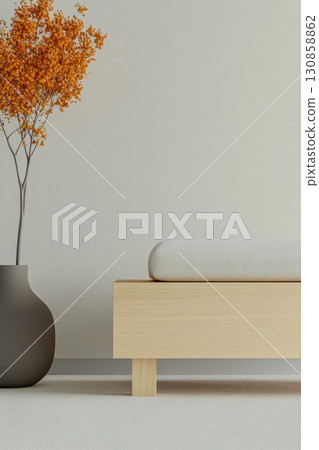 Minimalist interior design featuring a wooden bench and a decorative plant in warm hues Minimalist interior design featuring a wooden bench and a decorative plant in warm hues 130858862