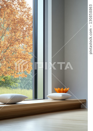 Serene indoor space showcasing minimalist design and nature view with autumn colors in the background 130858863