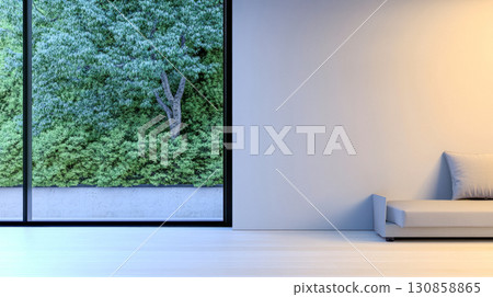 Modern interior design featuring a large window with a lush green view in a contemporary living space 130858865