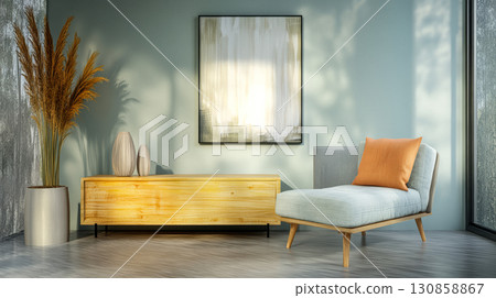 Modern living room design with minimalist furniture and natural light illuminating the space Modern living room design with minimalist furniture and natural light illuminating the space 130858867