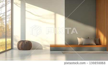 Cozy interior space with natural light and modern design elements showcasing a minimalist aesthetic Cozy interior space with natural light and modern design elements showcasing a minimalist aesthetic 130858868